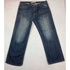 Helix Jeans Men's 38 X 32 Loose Straight Cut ‎ Dark Wash Blue Denim Bike Grunge